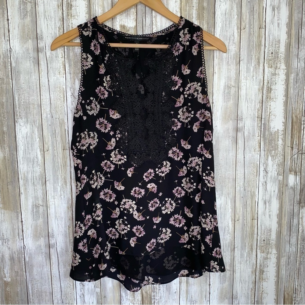 White House Black Market Black Floral Sleeveless Blouse